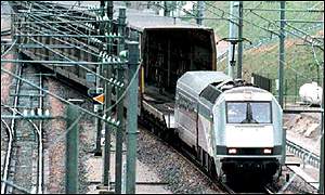 Freight train emerging from the Channel Tunnel
